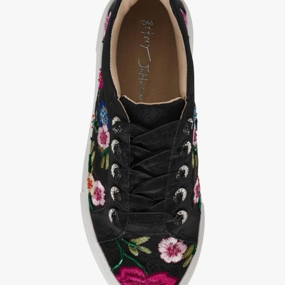Betsey Johnson Jayla Sneakers‎ Black With Multicolored Embroidery New In Box - Picture 6 of 7